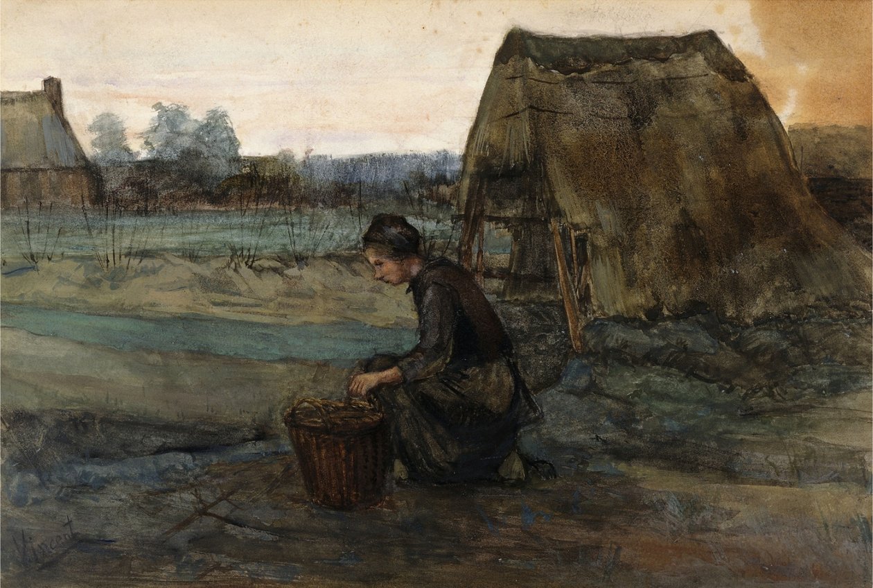 Parasztasszony letérdel egy kunyhó előtt alkotó: Vincent van Gogh