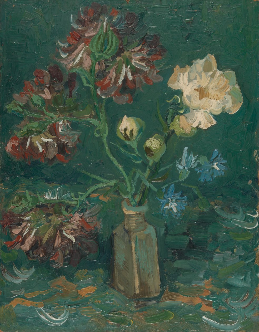 Kis üveg bazsarózsa és kék delphiniumok alkotó: Vincent van Gogh