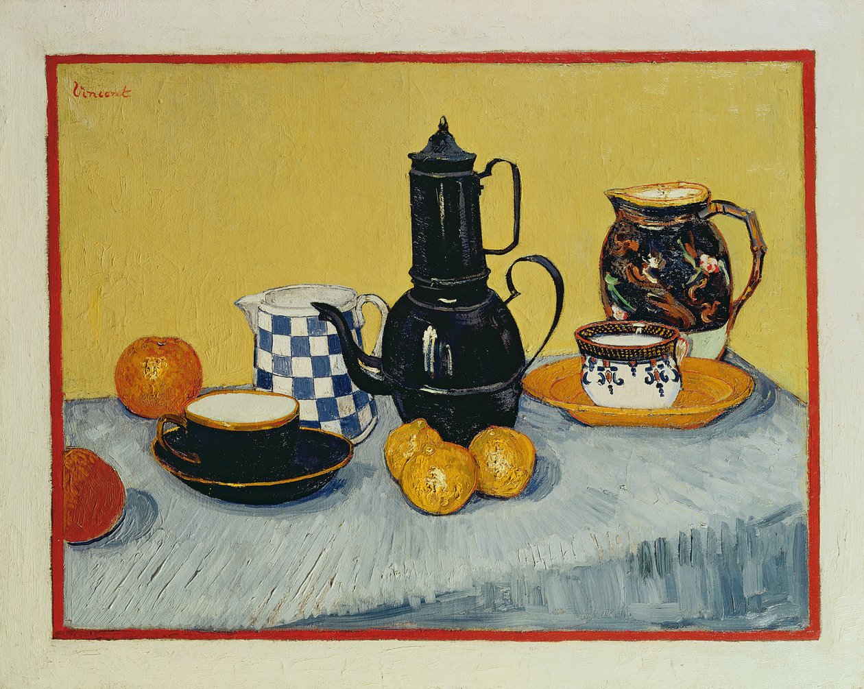 Csendélet kék zománcos kávéskannával, agyagedénnyel és gyümölccsel, 1888 alkotó: Vincent van Gogh