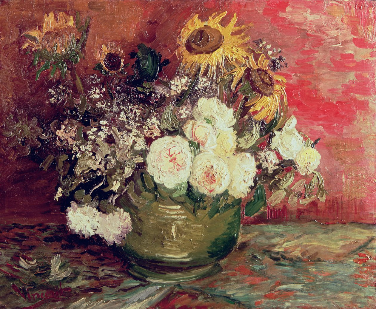 Napraforgók, rózsák és más virágok egy tálban, 1886 alkotó: Vincent van Gogh