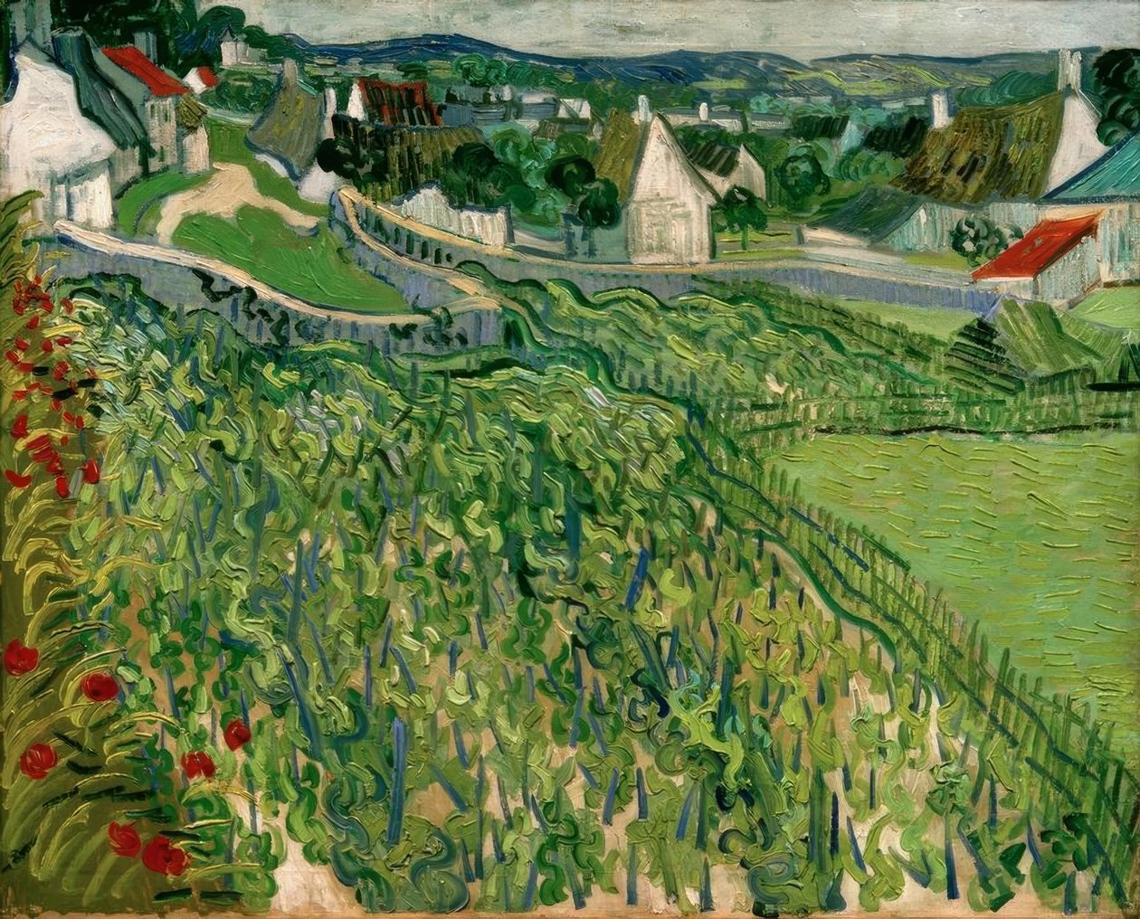 Szőlőültetvények, kilátással Auversre alkotó: Vincent van Gogh
