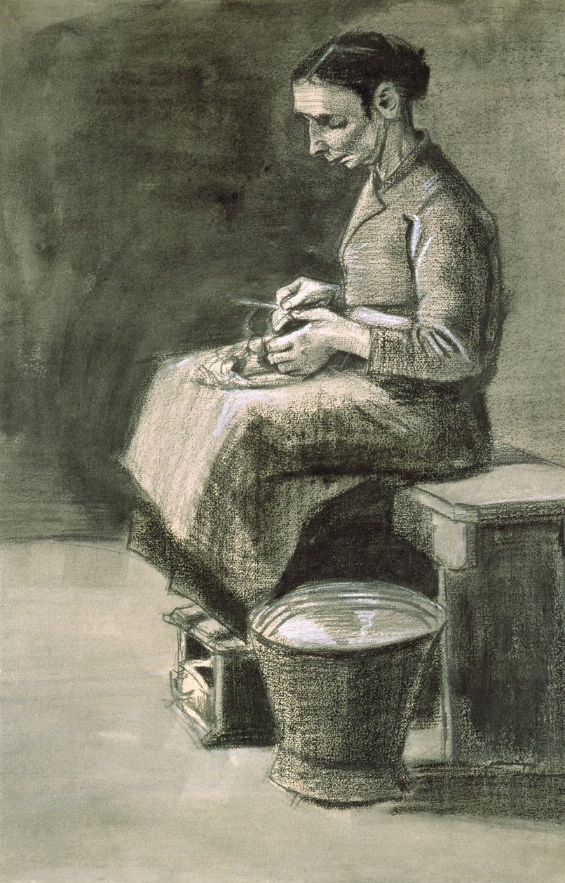 Nő burgonyát hámozó, 1882 (fekete kréta és fehérrel emelt mosás papíron) alkotó: Vincent van Gogh