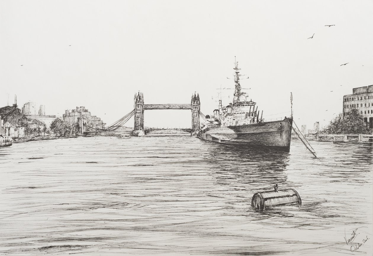 HMS Belfast a Temze folyón London, 2006, (Tinta a papíron) alkotó: Vincent Alexander Booth