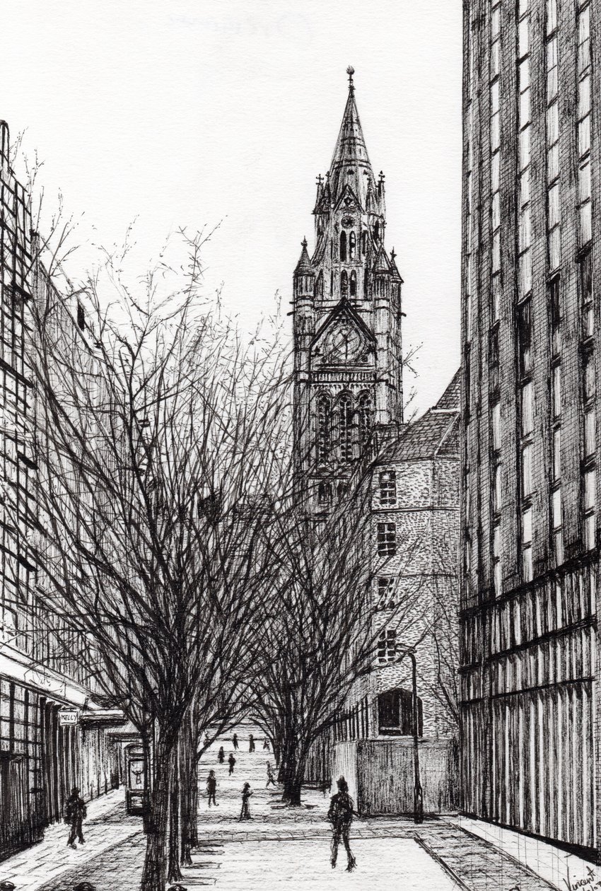 Manchesteri városháza a Deansgate-től, 2007, (tinta papíron) alkotó: Vincent Alexander Booth