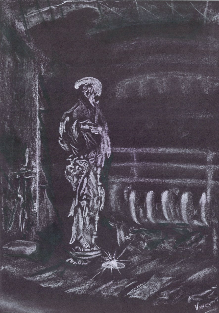 Szobor kandalló mellett gyertyafényben alkotó: Vincent Alexander Booth
