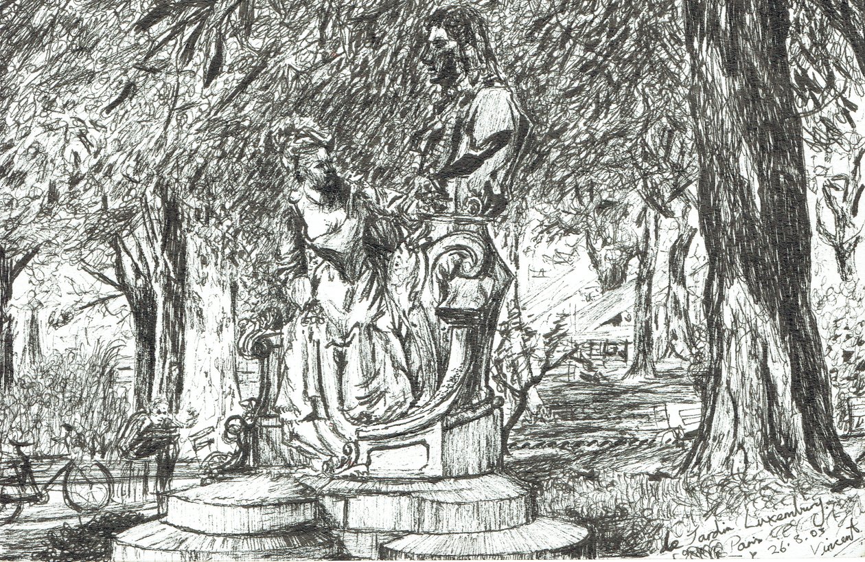 Szobor a Jardin Luxembourg Párizsban, 2003, (tinta papíron) alkotó: Vincent Alexander Booth