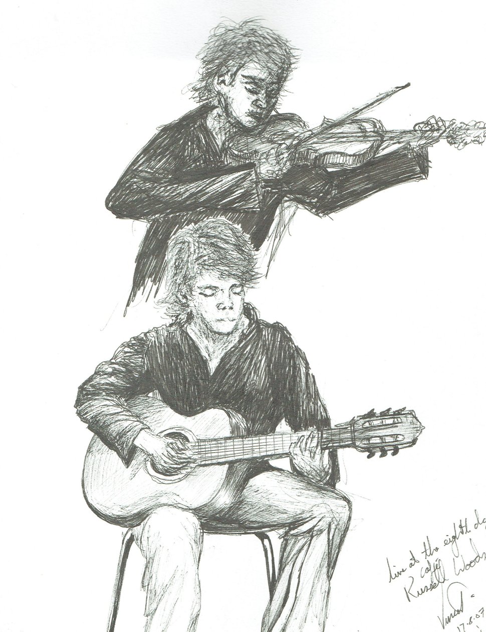 A gitáros és hegedűs a 8th day cafe Manchesterben, 2007 alkotó: Vincent Alexander Booth