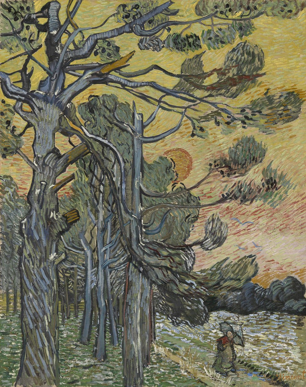 Fenyőfák napnyugtakor, 1889. alkotó: Vincent van Gogh