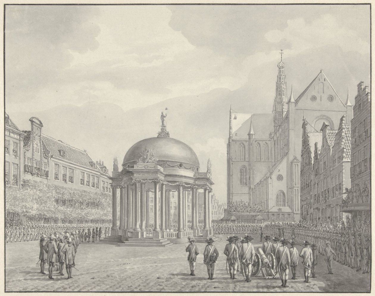 A haarlemi Grote Markt kormányrendeletének eskütétele, 1787. szeptember 5. alkotó: Vincent Jansz. van der Vinne