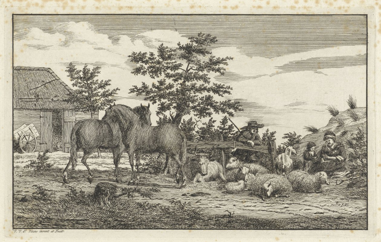 Pásztor ülő asszonnyal és gyerekek birkákkal és két lóval alkotó: Vincent Jansz. van der Vinne