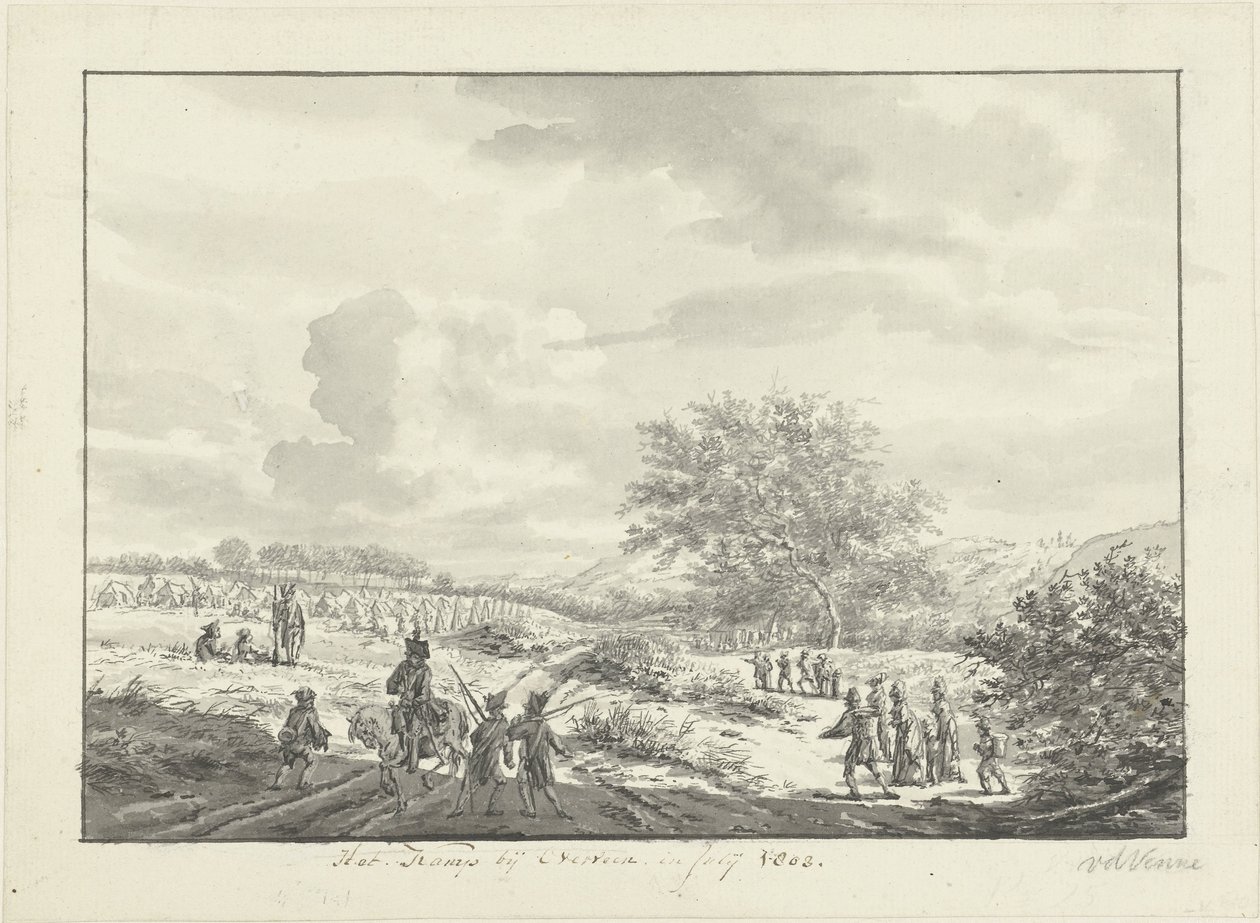 Katonai tábor az Overveen melletti dűnékben 1803 júliusában A tábor Overveen közelében, 1803 júliusában (cím az objektumon) alkotó: Vincent Jansz. van der Vinne