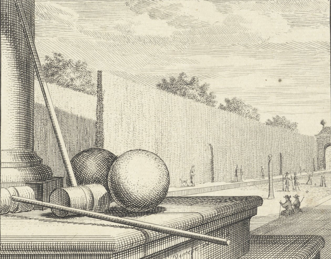 Krokett attribútumok krokettjátékosokkal a háttérben, 1714. alkotó: Vincent Laurensz Vinne van der
