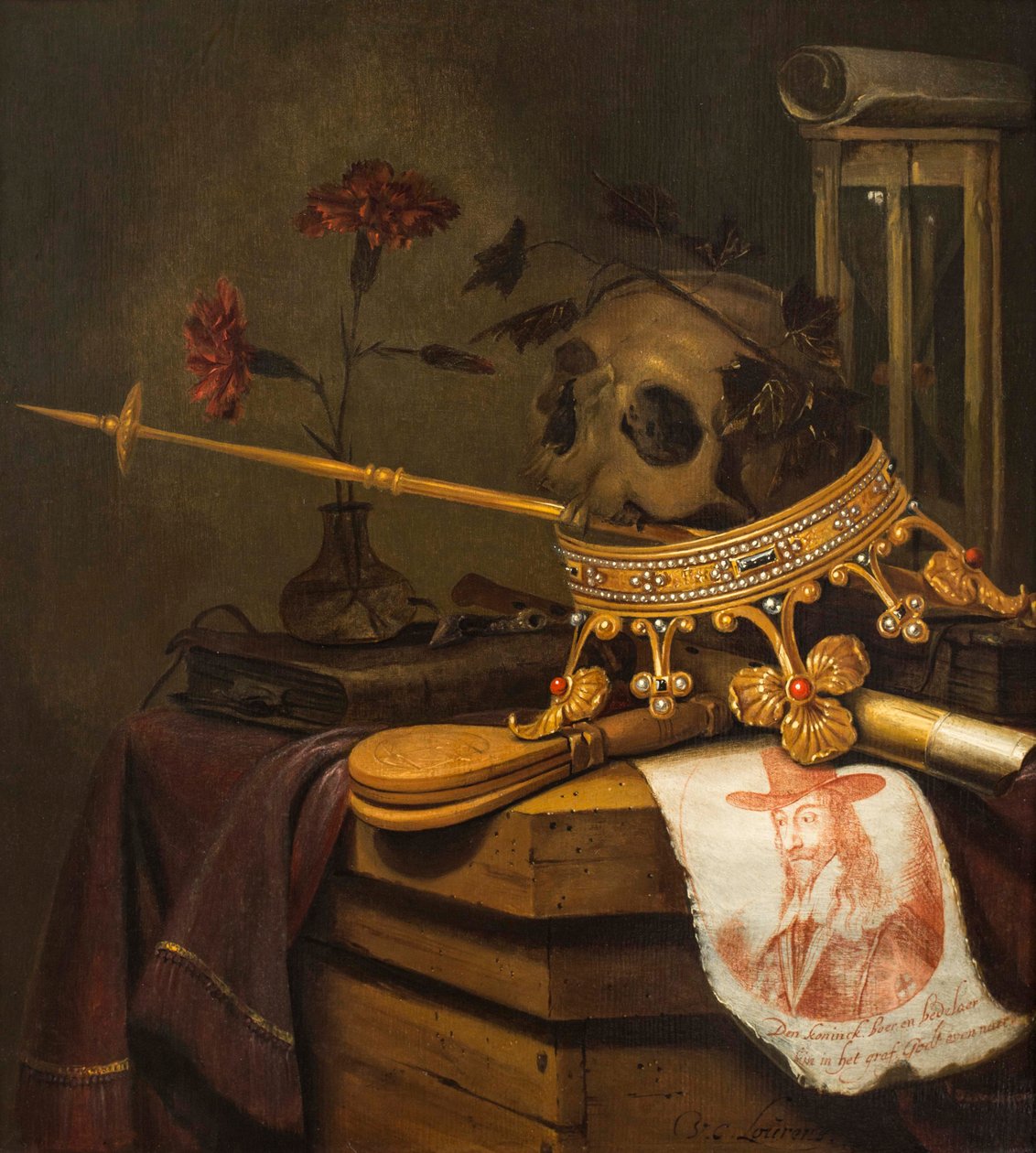 Vanitas-csendélet koponyával, koronával, jogarral, furulyával, fújtatóval, homokórával, szegfűkkel üvegvázában, tekercs, könyv és I. Károly vésett portréja alkotó: Vincent Laurensz van der Vinne
