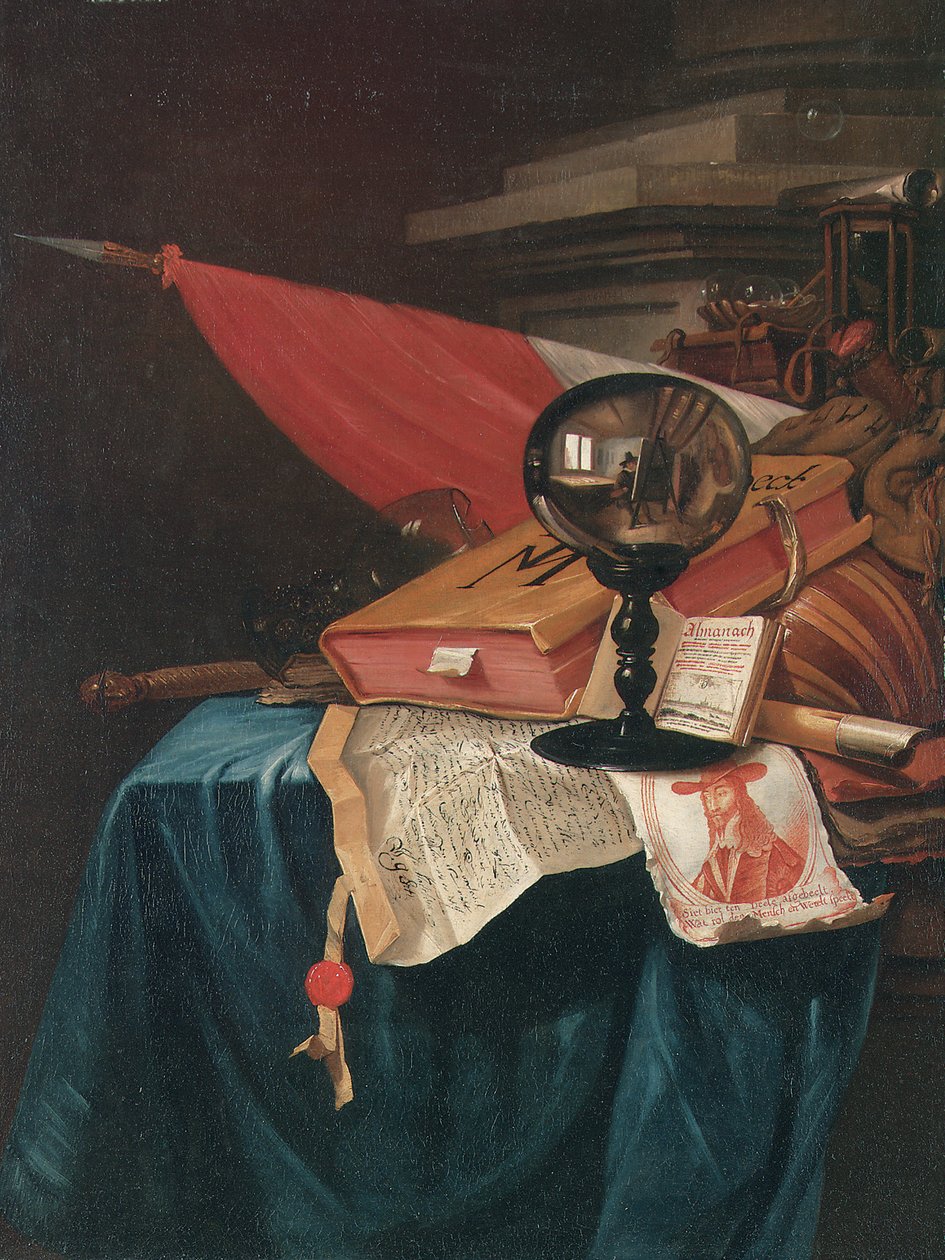 Vanitas csendélet a festőállványnál a festőművész kristálygömbben tükröződik alkotó: Vincent Laurensz van der Vinne