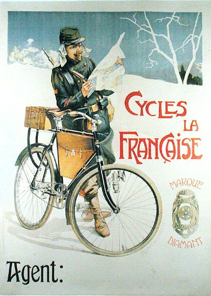 Katona a biciklivel, térképet olvas, a "La Francaise" ciklusokat hirdető plakát (színes litó) alkotó: Vincent Lorant Heilbronn