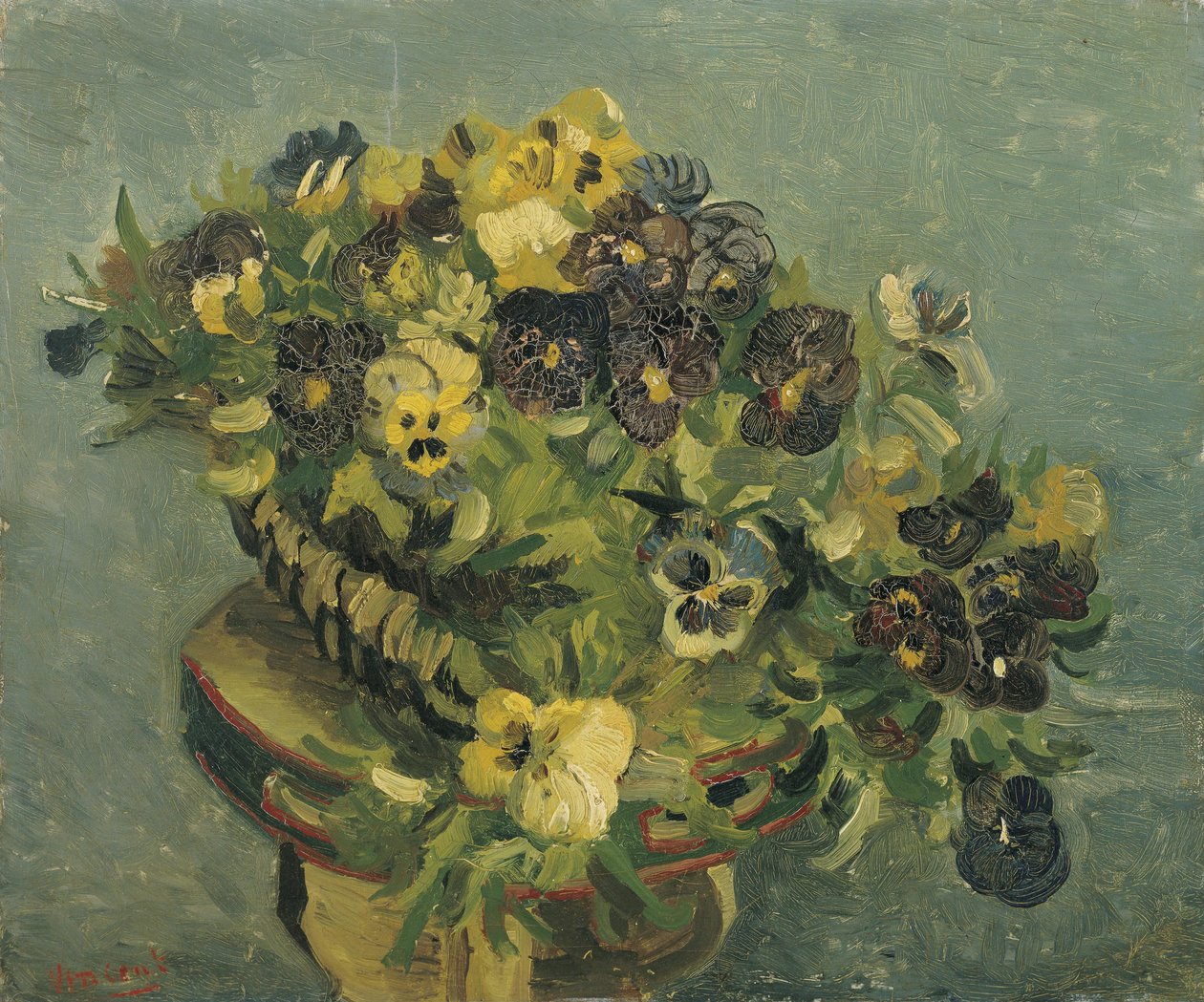 Egy kis asztalon álló árvácskákból álló csokor alkotó: Vincent van Gogh