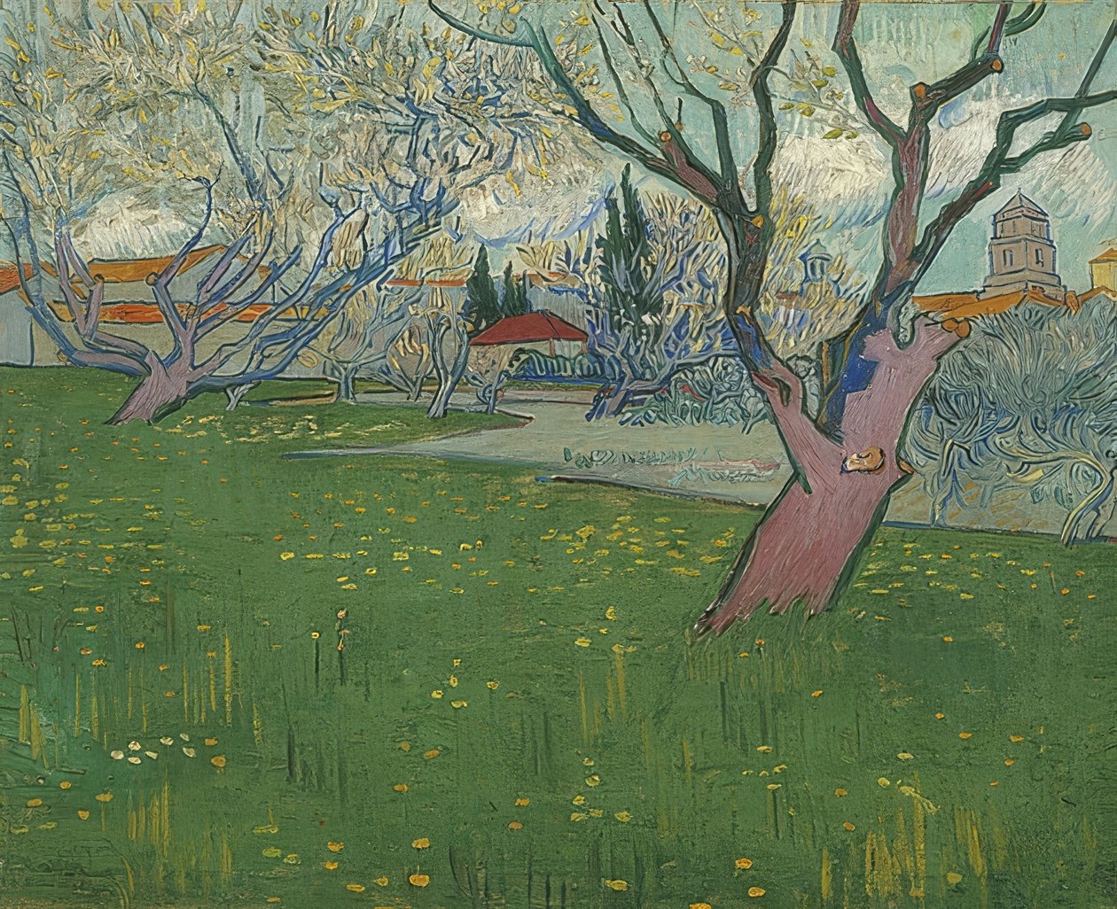 Virágos gyümölcsös, kilátással Arles városára. 1889 alkotó: Vincent van Gogh
