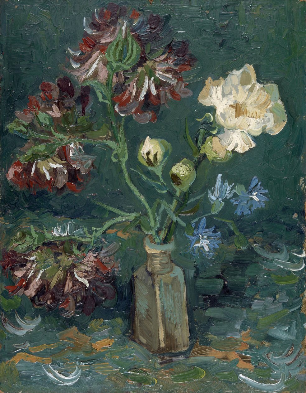 Palack bazsarózsával és kék delphiniummal, Gogh, Vincent, van (1853-1890). Olaj, karton, mérete: 34,5x27 alkotó: Vincent van Gogh