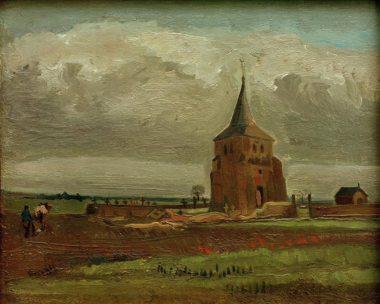 A régi temető tornya Nuenenben egy szántó gazdával alkotó: Vincent van Gogh