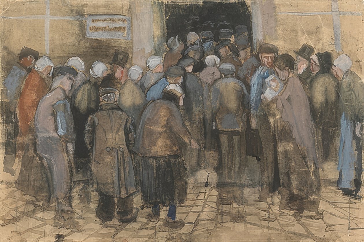 A szegények és a pénz (tömeg az Állami Lottótársaság irodája előtt). 1882 alkotó: Vincent van Gogh