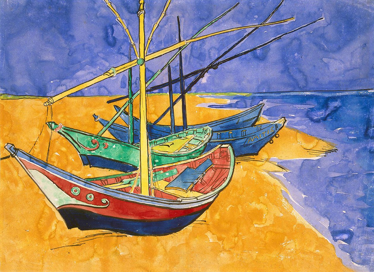Halászhajók a Saintes-Maries-de-la-Mer tengerpartján (toll és tinta akvarellel papíron) alkotó: Vincent van Gogh