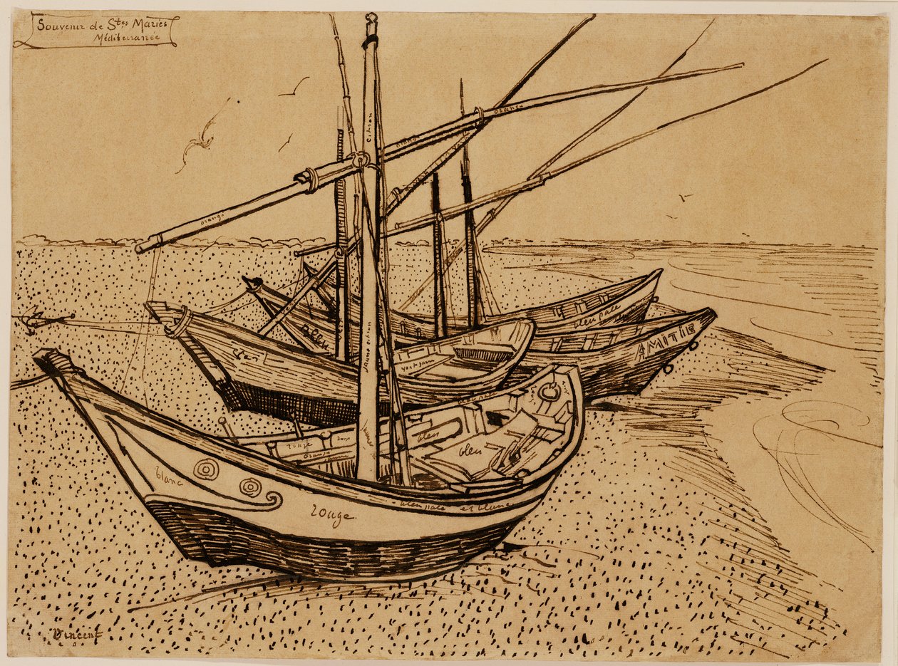 Horgászcsónakok a Saintes-Maries-de-la-Mer tengerpartján alkotó: Vincent van Gogh