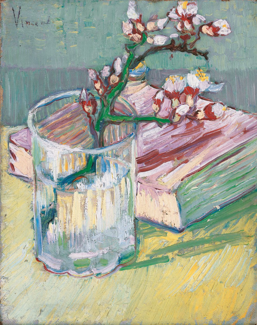Virágzó mandulaág egy pohárban könyvvel, 1888 alkotó: Vincent van Gogh