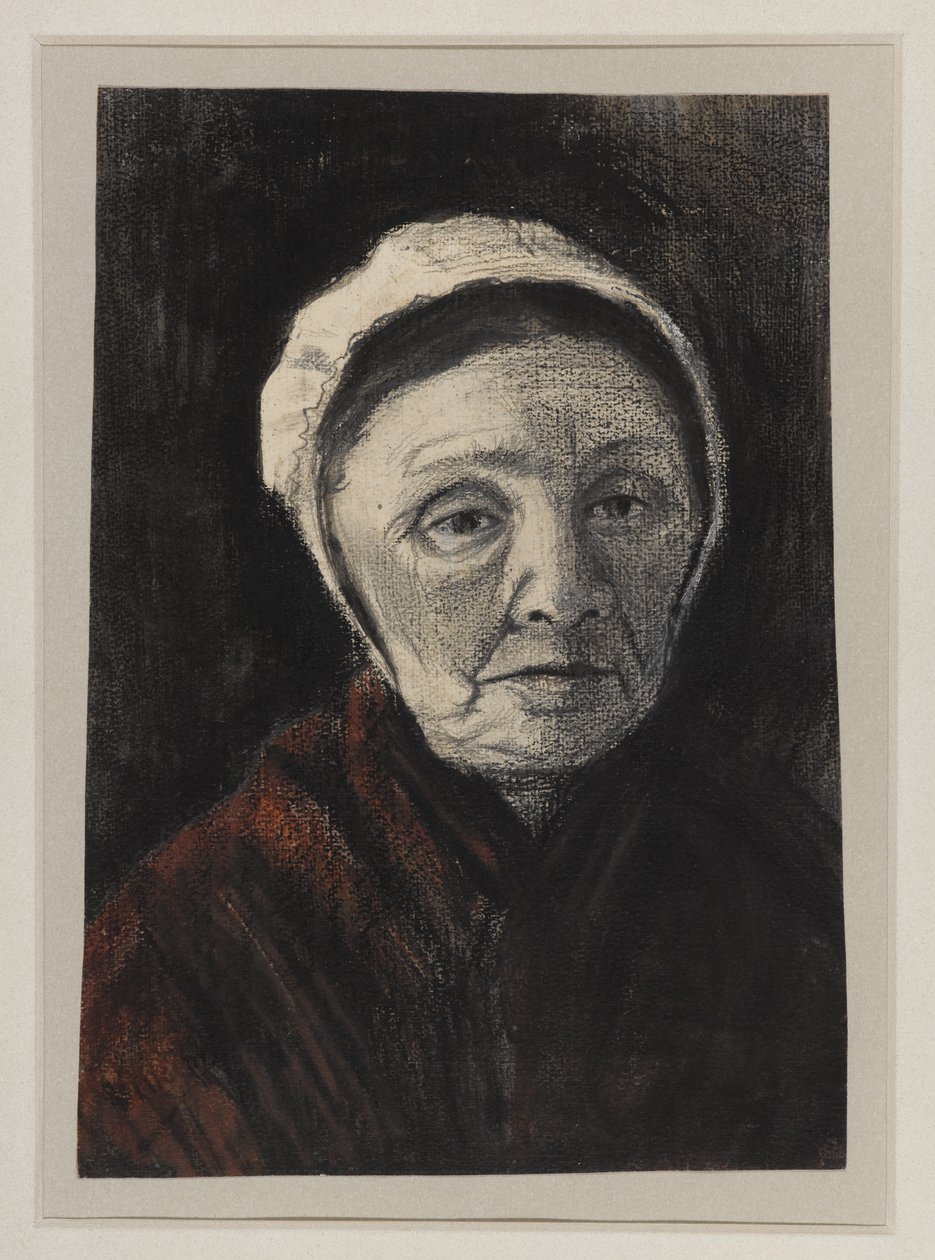 Egy öregasszony feje Scheveninger sapkában, 1882-83 (faszén, fekete-barna kréta papíron) alkotó: Vincent van Gogh