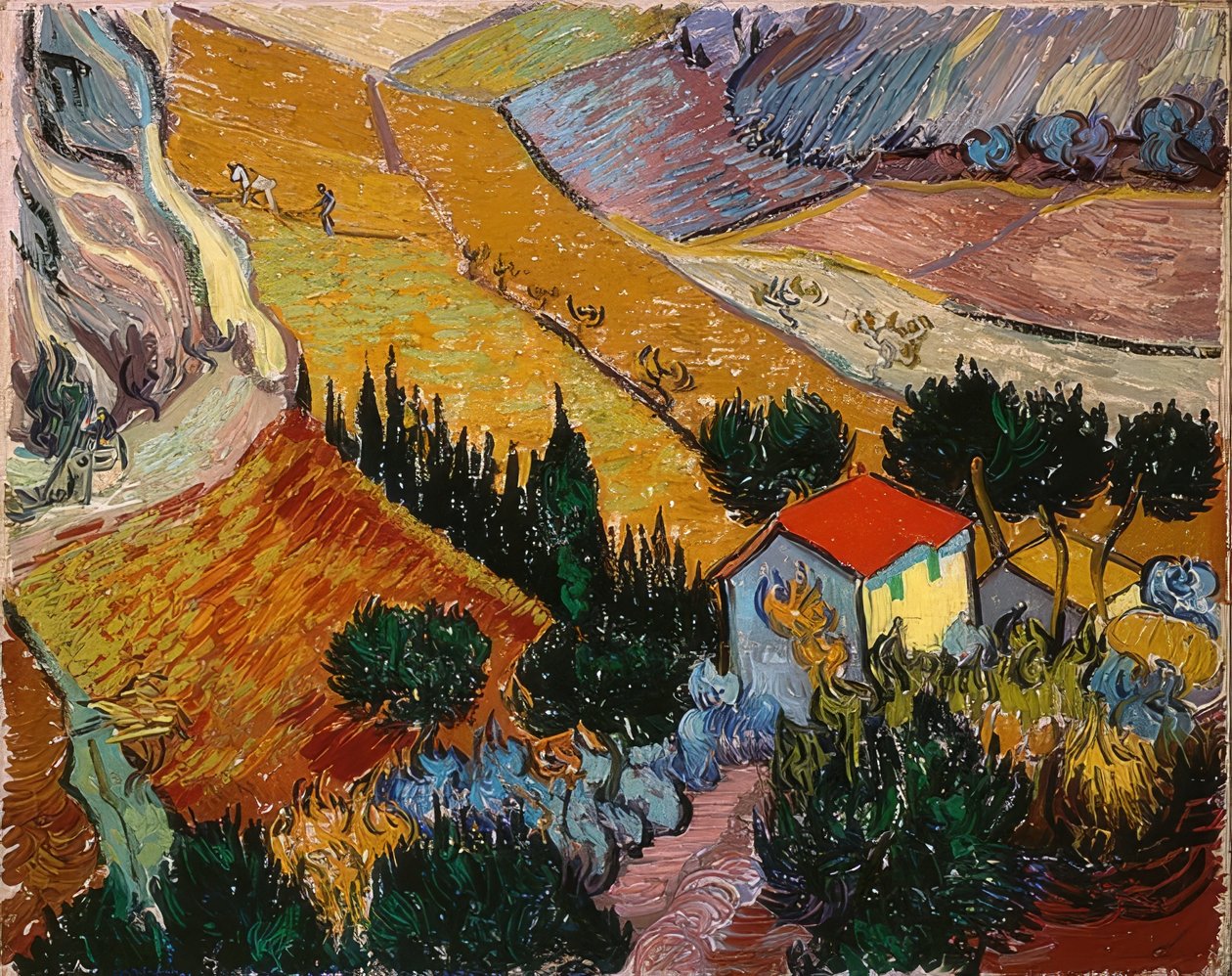 Táj egy házzal és egy szántóval. 1889 alkotó: Vincent van Gogh