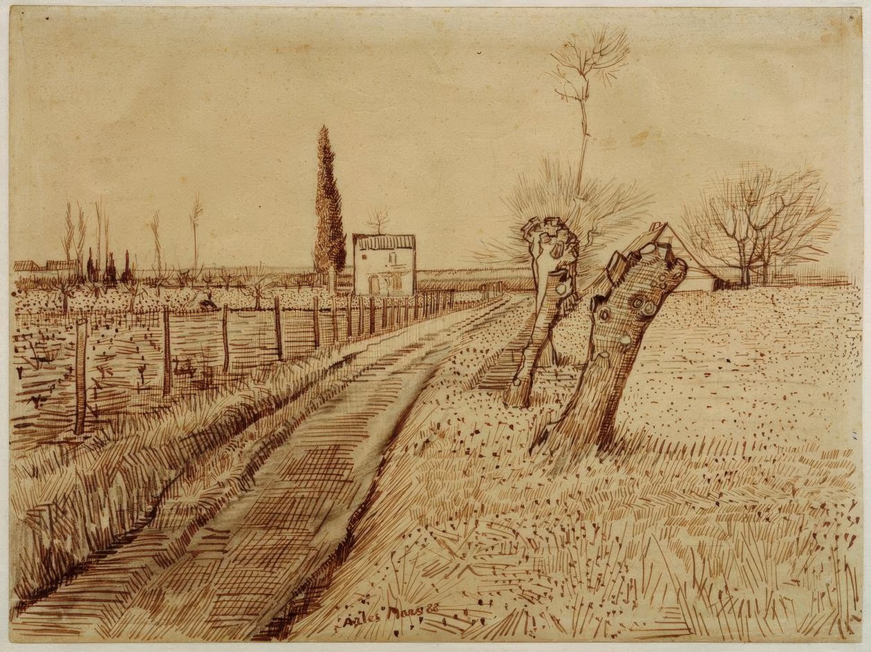 Táj egy ösvény és a szennyezett fűzfák alkotó: Vincent van Gogh