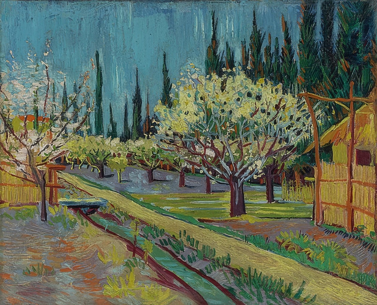 Ciprusfákkal körülvett gyümölcsös. 1888 alkotó: Vincent van Gogh
