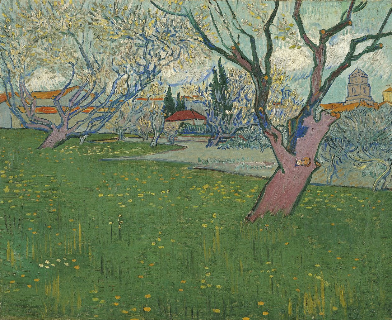 Virágzó gyümölcsösök, kilátás Arles-ra alkotó: Vincent van Gogh
