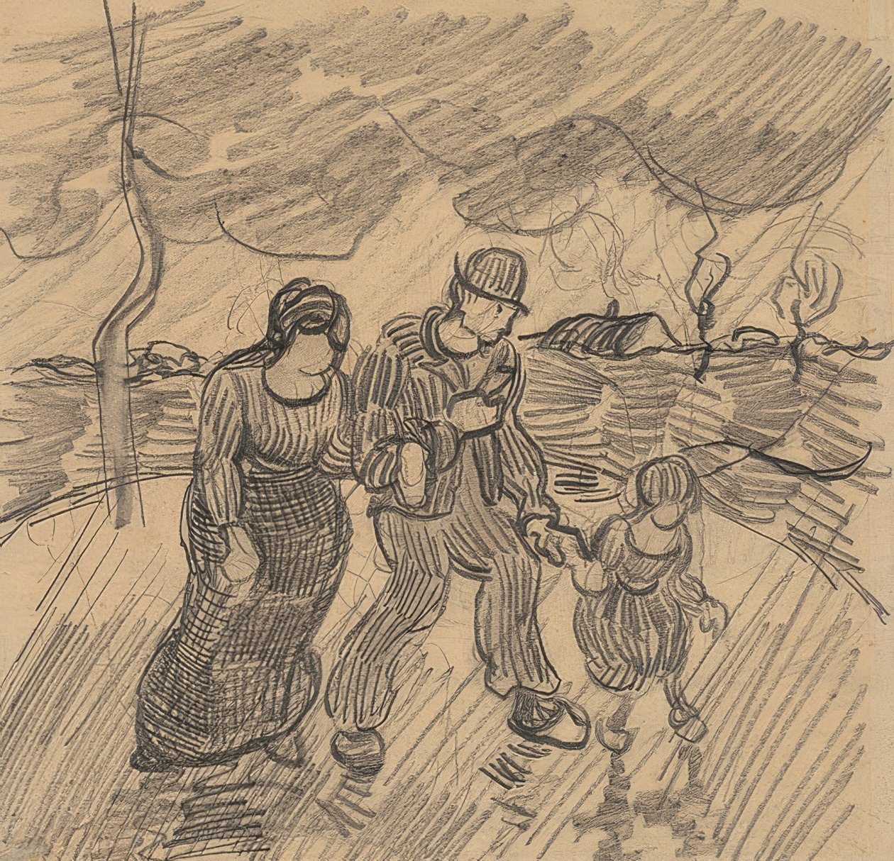 Pár gyermekkel az utcán az esőben. 1890 alkotó: Vincent van Gogh