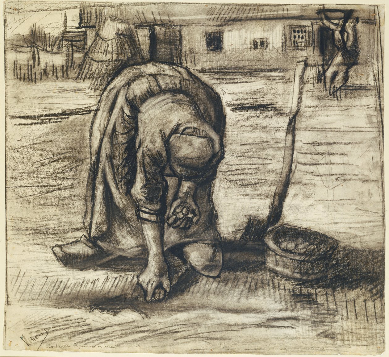 Parasztasszony burgonyát ültetett, 1885 körül (fekete kréta és szén a papíron) alkotó: Vincent van Gogh