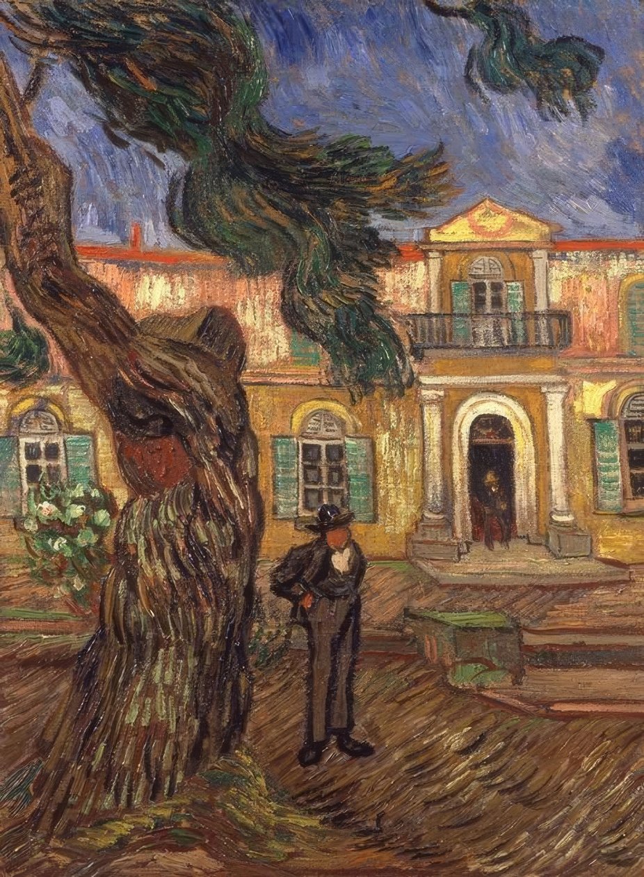 Fenyőfa és alak a Saint-Paul Kórház előtt alkotó: Vincent van Gogh