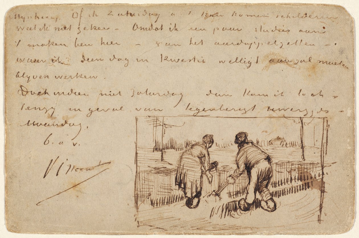 Képeslap két paraszt ásással, 1885 (toll és barna tinta egy képeslapon) alkotó: Vincent van Gogh