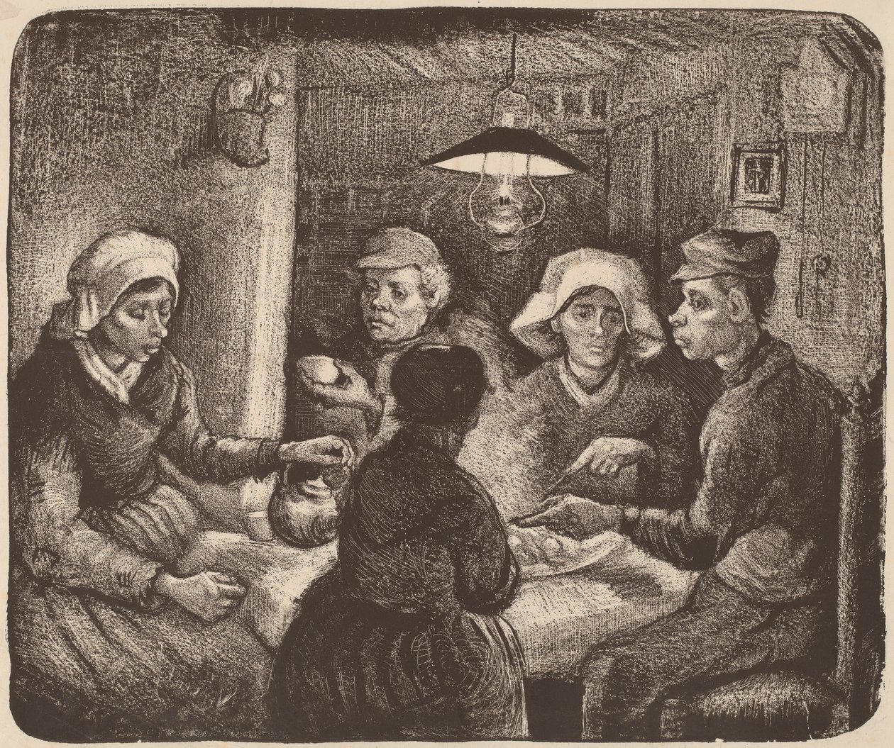 Burgonyaevők, 1885 (sötétbarna litográfia) alkotó: Vincent van Gogh