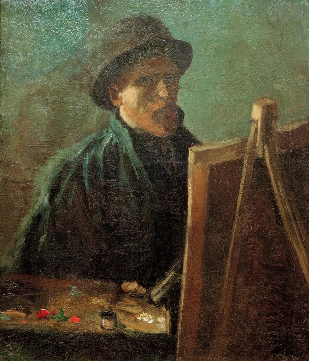 Önarckép sötét prémes kalappal a festőállvány előtt alkotó: Vincent van Gogh