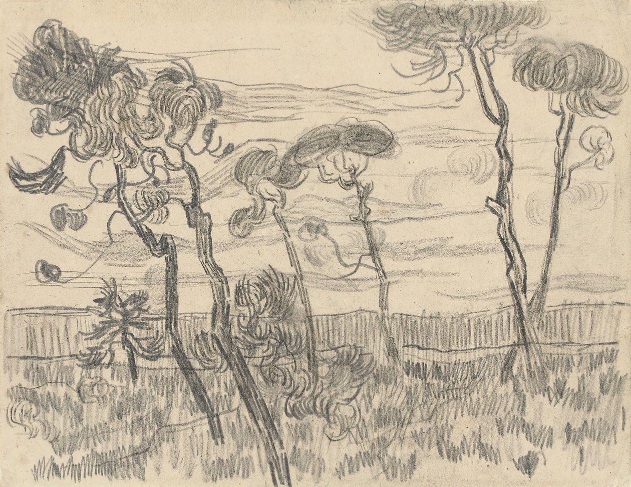 Hat fenyő a házfal mellett, 1899 alkotó: Vincent van Gogh