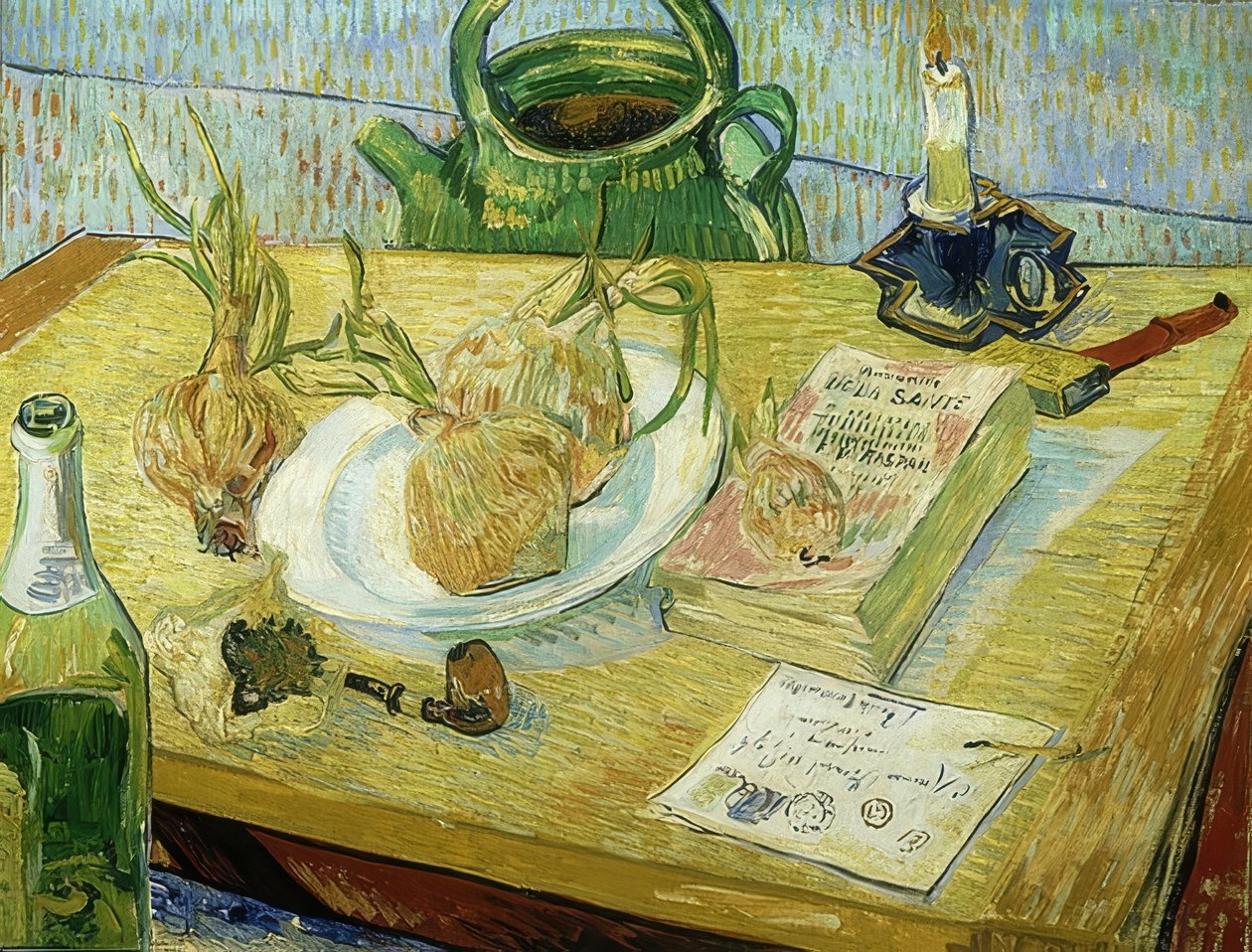 Csendélet rajzlappal, pipával, hagymával és pecsétviasszal. 1889 alkotó: Vincent van Gogh