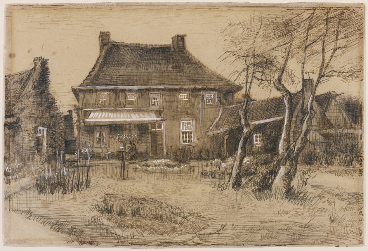 A neuneni lelkész: Hátulról nézve, jobb oldalon az Artists Stúdiója, 1884 körül (grafit, toll és barna tinta, barna mosás, szőtt papíron fehérrel kiemelve) alkotó: Vincent van Gogh