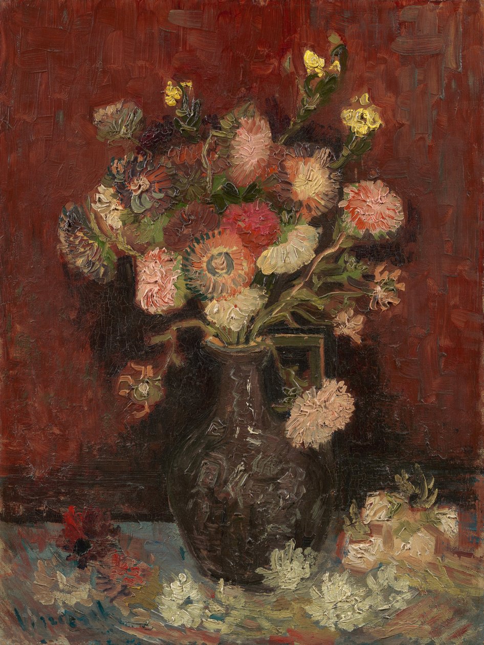 Váza kínai őszirózsákkal és kardvirágokkal – Vincent van Gogh (1853-1890) festménye, olaj, vászon alkotó: Vincent van Gogh