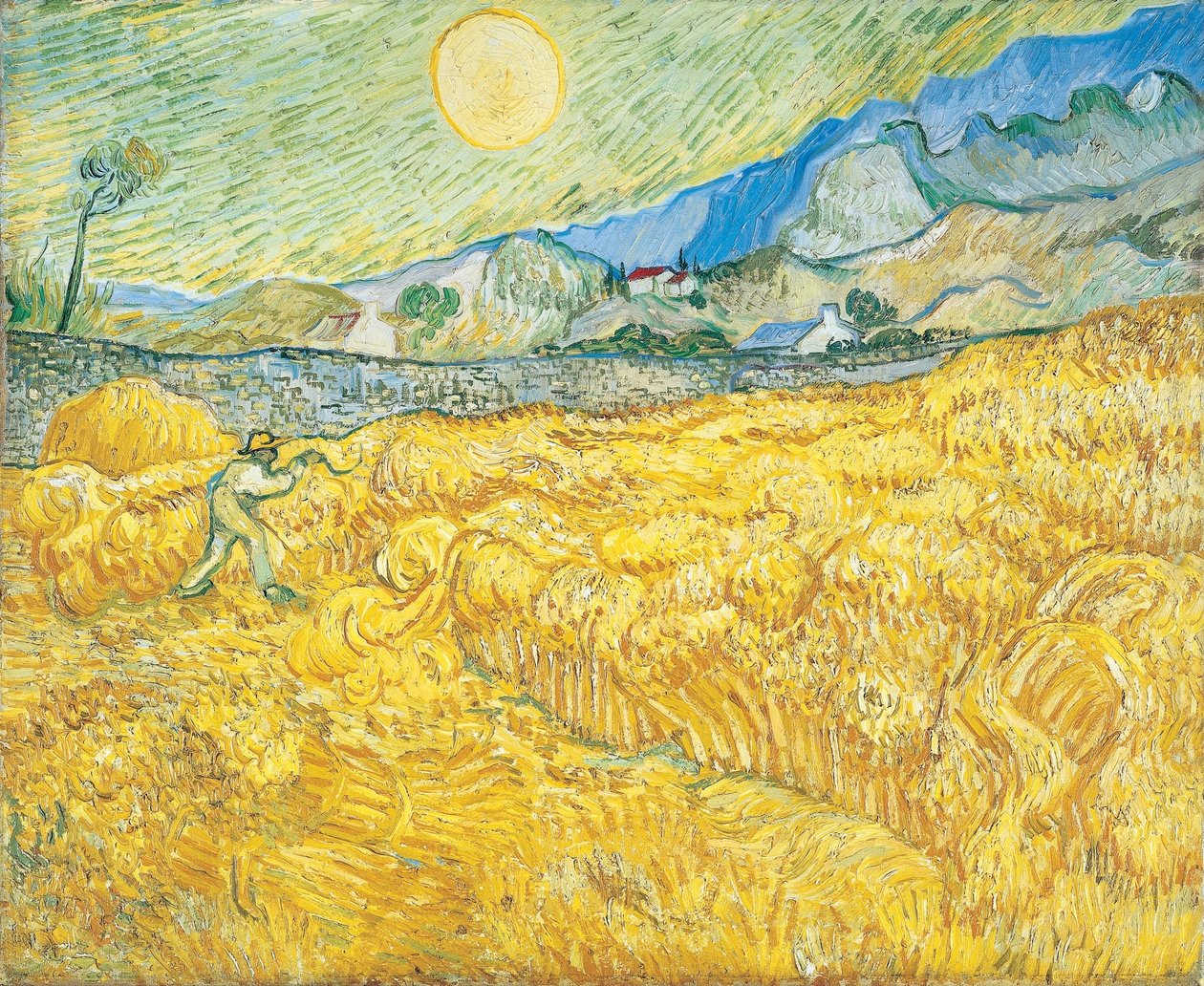 A Saint-Paul Kórház mögötti búzamező, egy aratógéppel alkotó: Vincent van Gogh