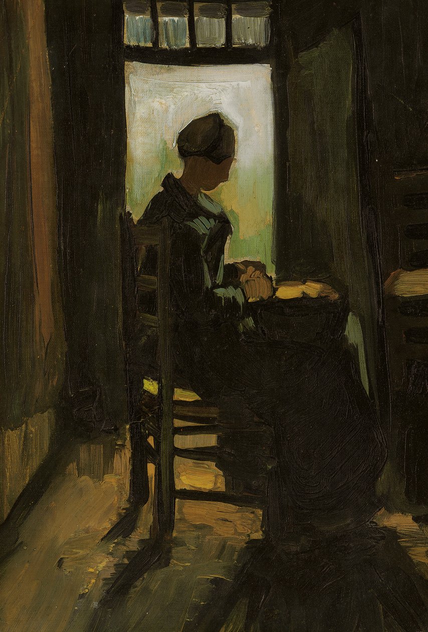 Nyitott ajtó előtt ülő nő, burgonya hámozása, 1885 alkotó: Vincent van Gogh
