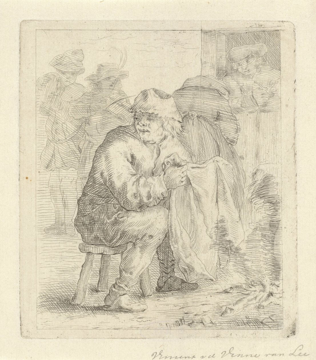 Férfi egy zsámolyon a tűz mellett alkotó: Vincent van der Vinne van Lee (signed by artist)