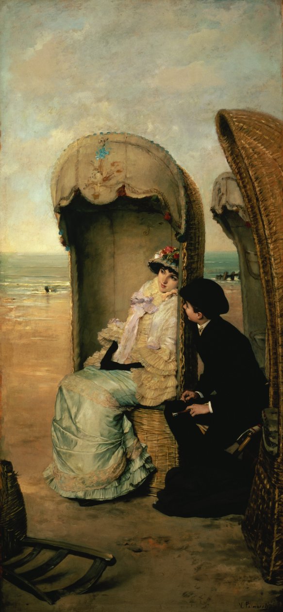 Bizalmak a tengerparton, 1883 körül alkotó: Vincente Gonzalez Palmaroli