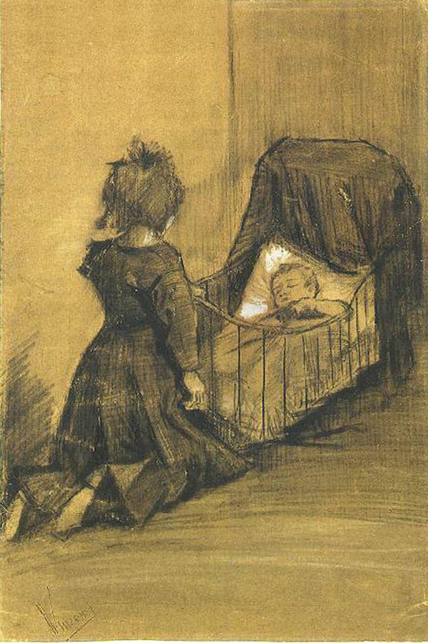 Lány térdel a bölcsőnél F 1024 JH 336 alkotó: Vincent van Gogh