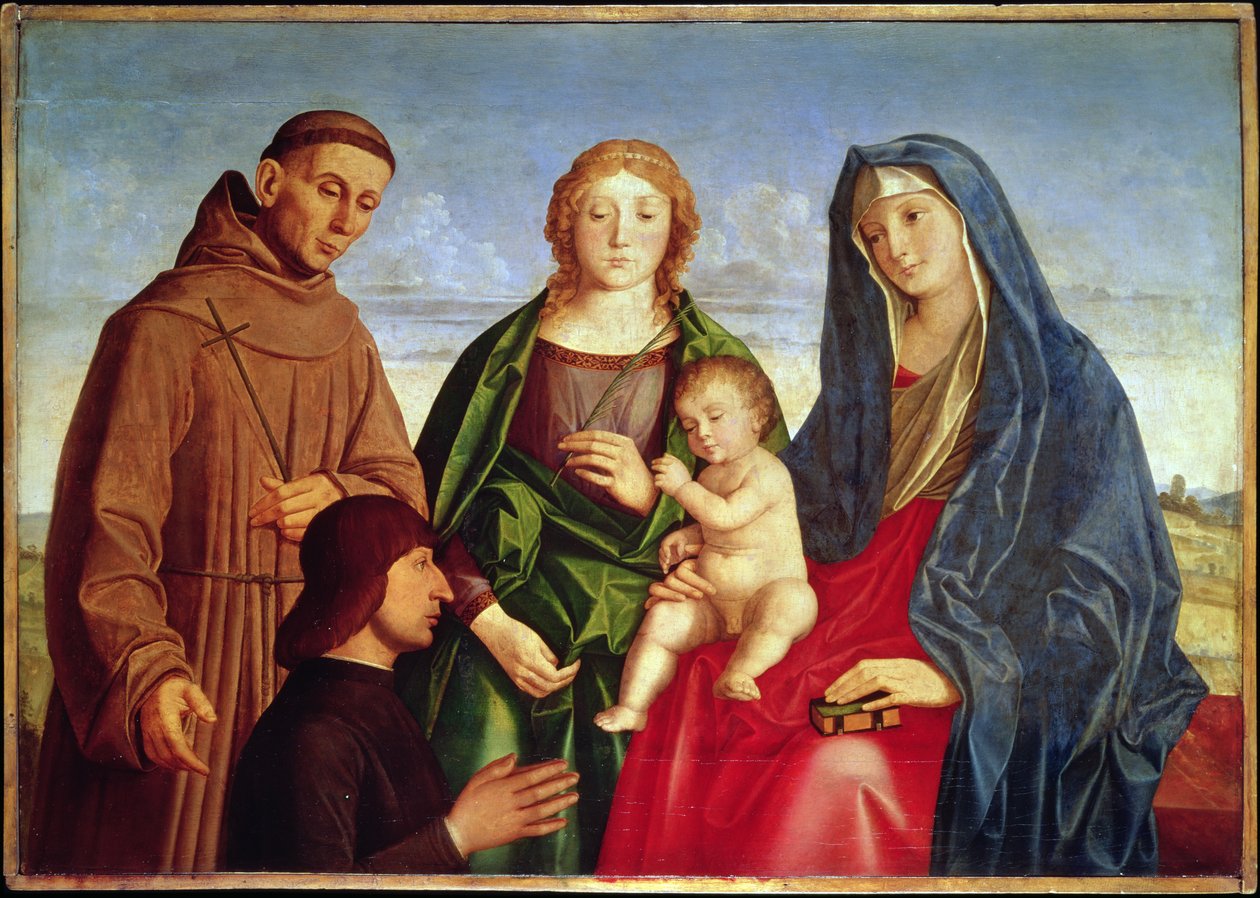 A Szűzanya és a gyermek Szent Ferenccel, női szent és adományozó alkotó: Vincenzo di Biagio Catena