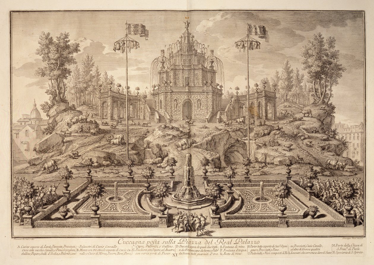 A Cuccagna, a Narrazione delle Solemni Reali Feste-ből, Giuseppe Vasi (1710-82) metszete, 1749. alkotó: Vincenzo dal Re
