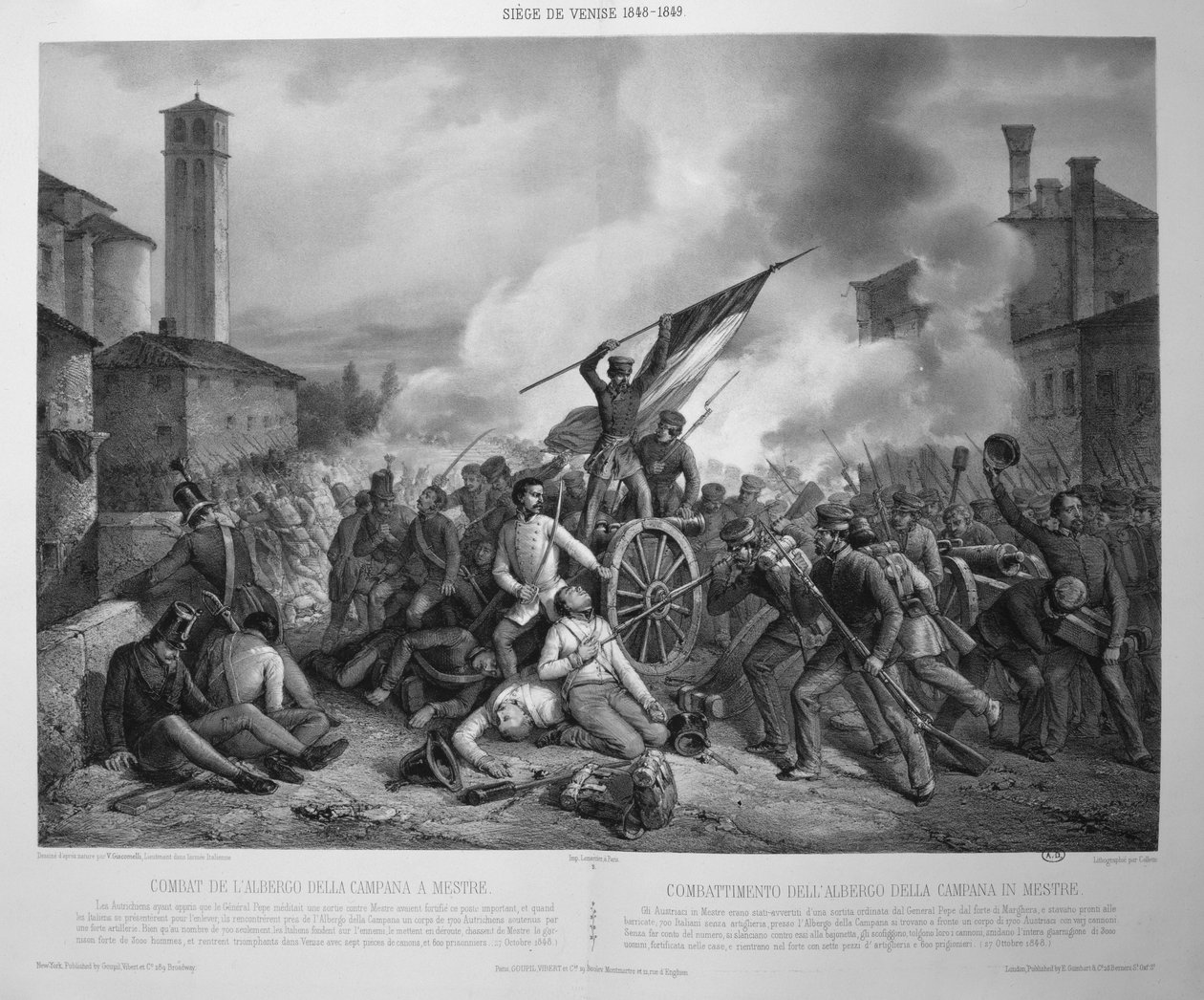 Az albergo della campanai csata Mestre-ben 1848. október 27-én Velence 1848-99-es ostroma alatt (litho) alkotó: Vincenzo (after) Giacomelli